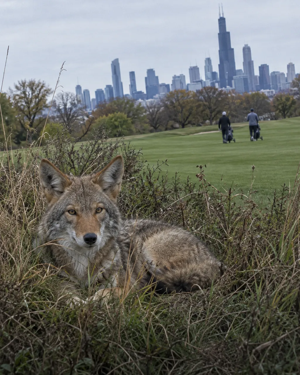 Miles de coyotes viven entre la gente de Chicago y casi nadie los ve 5 Coyote adulto sin collar, echado entre hierba alta y seca al borde de un campo de golf, con la cabeza levantada y las orejas erguidas