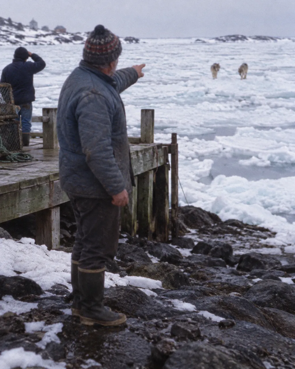 Los «perros parecidos a lobos» que llegaron a Terranova caminando sobre el mar helado 3 Persona de mediana edad con gorro de lana, chaqueta acolchada de trabajo y botas de goma, de pie en la orilla rocosa y con parches de nieve de un pequeño pueblo costero