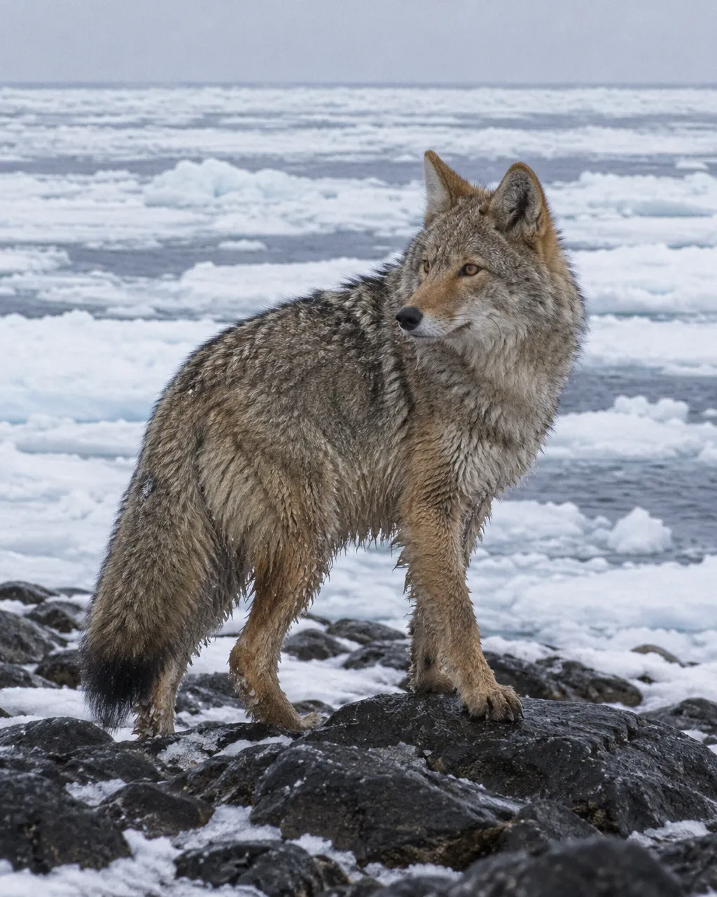 Los «perros parecidos a lobos» que llegaron a Terranova caminando sobre el mar helado 4 Coyote del este de cuerpo robusto y pelaje grueso gris y pardo, en primer plano sobre el hielo marino, visto desde lejos con teleobjetivo