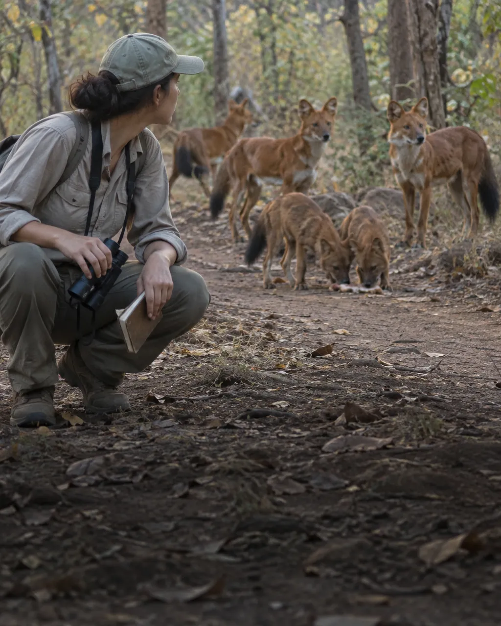 Kipling lo pintó como villano, pero el dhole silba para que ninguno de los suyos se pierda 4 Persona con ropa de campo caqui y gorra, agachada junto a una pista de tierra en un bosque seco al amanecer