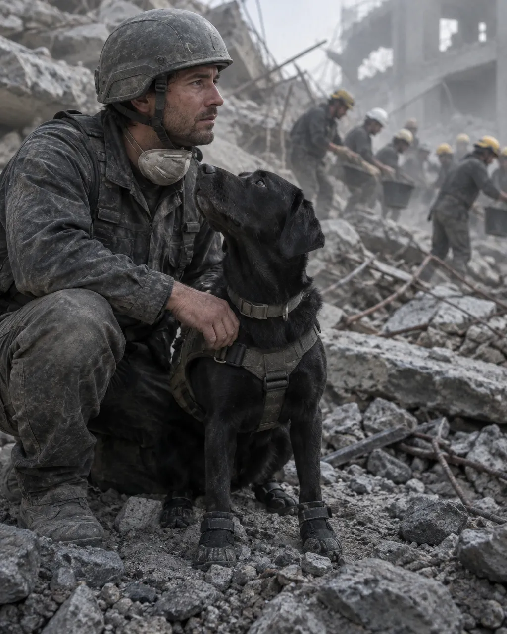Frida, la labradora con botas que México despidió dos veces 5 Manejador canino con uniforme oscuro sin insignias, casco y mascarilla bajada al cuello, agachado sobre los escombros de un edificio colapsado