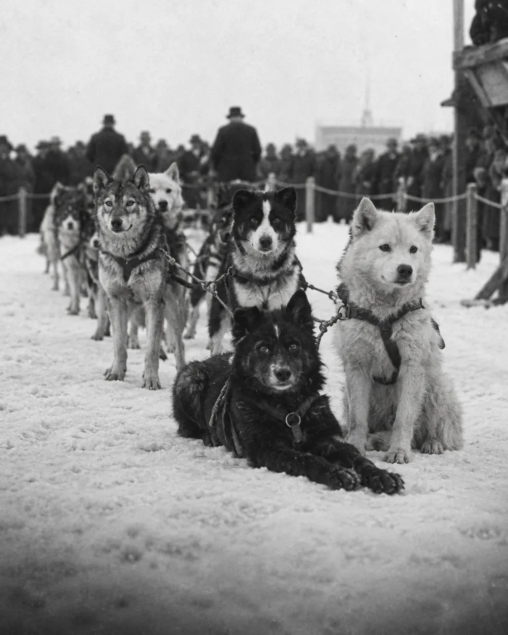 Imagen en blanco y negro tomada desde muy abajo, a la altura de los perros, de un equipo de perros de trineo en la línea de salida