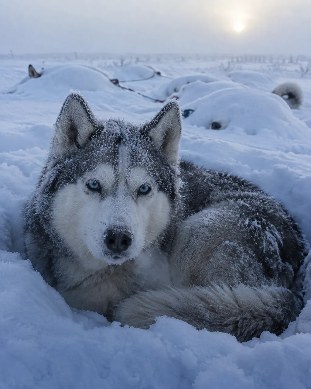 Husky siberiano con la cara, las pestañas y los bigotes cubiertos de escarcha, asomando la cabeza de un hueco en la nieve de la tundra helada