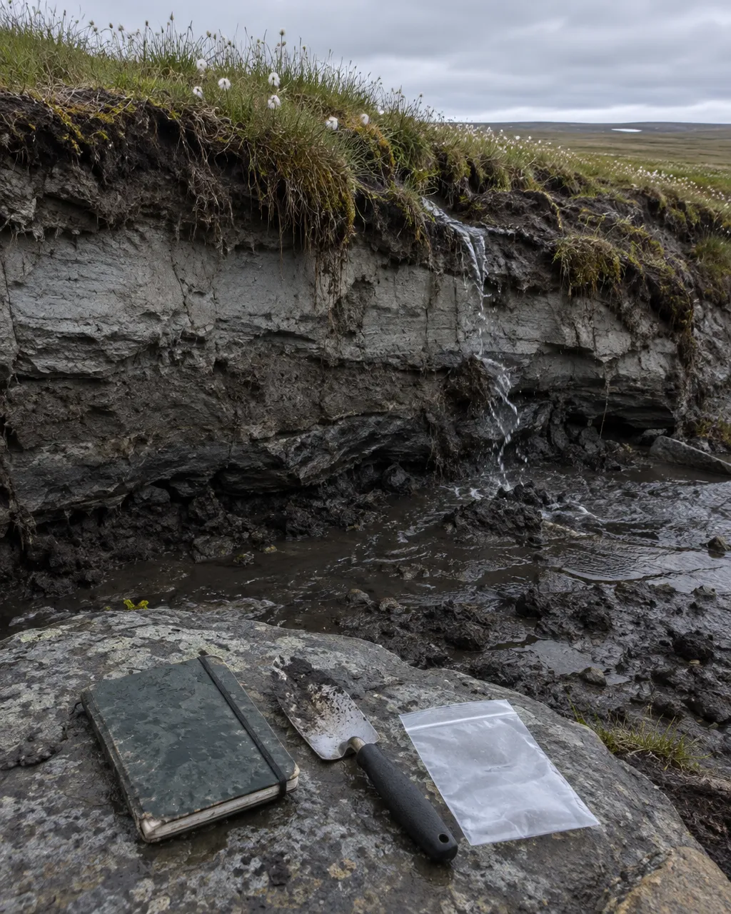 Orilla erosionada de un río en la tundra ártica, con capas de limo gris y barro helado, y en primer plano una libreta de campo, una pala de mano y una bolsa de muestras vacía sobre una roca