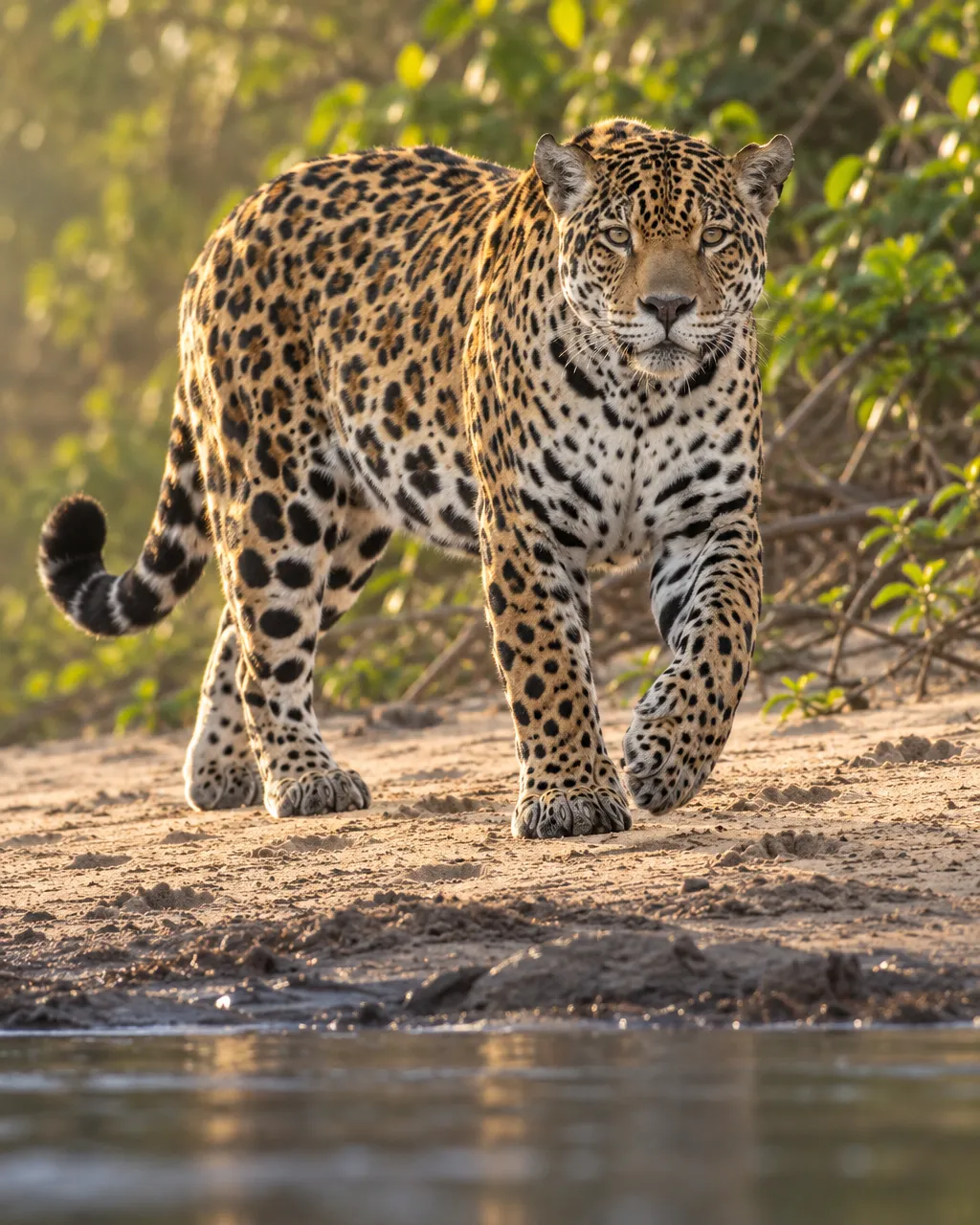 Jaguar adulto de cuerpo macizo y cabeza ancha, con pelaje dorado cubierto de grandes rosetas negras y pecho blanco con manchas negras