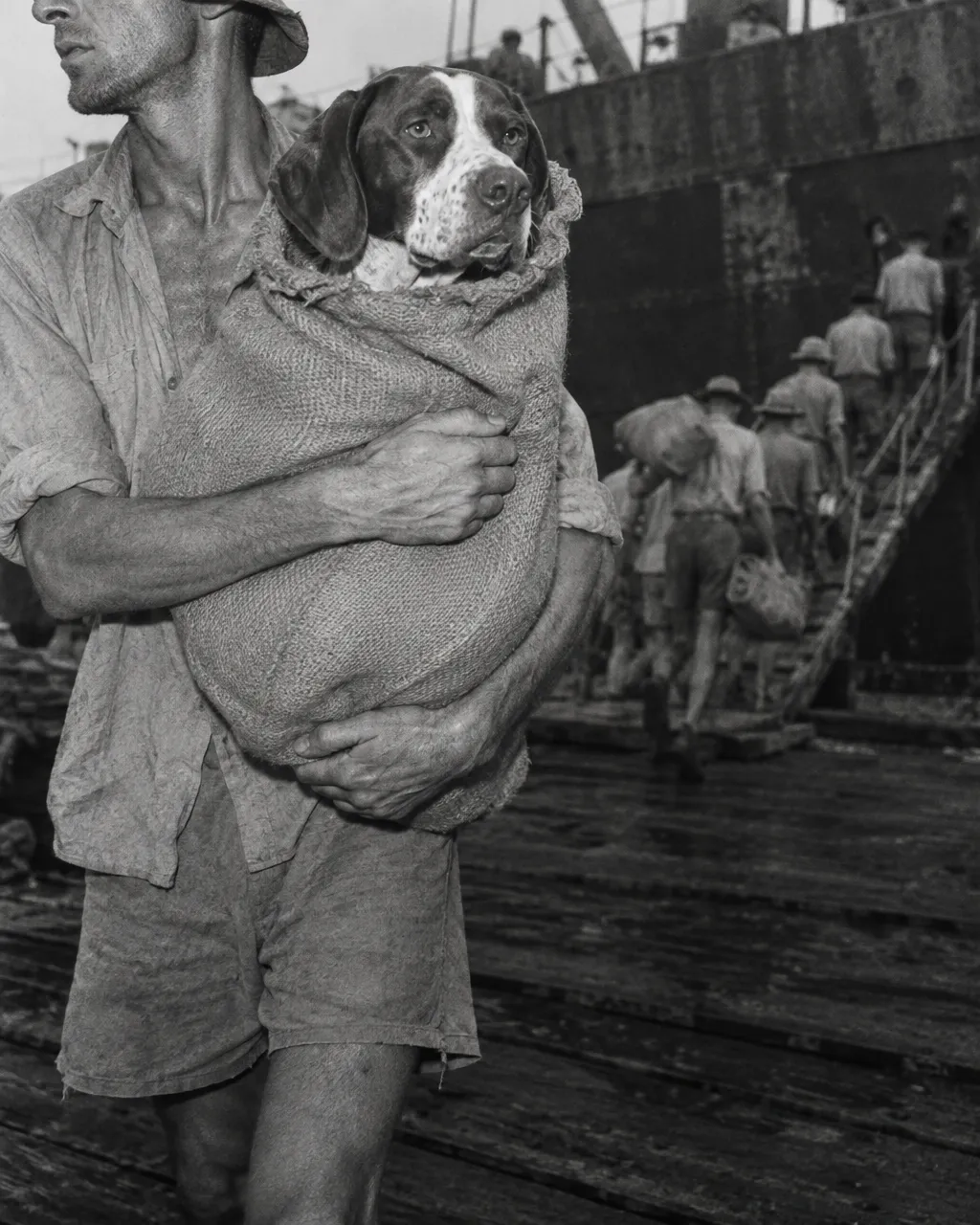 Prisionero de guerra delgado y cansado, con camisa abierta desteñida y pantalón corto gastado, en un muelle tropical durante la Segunda Guerra Mundial
