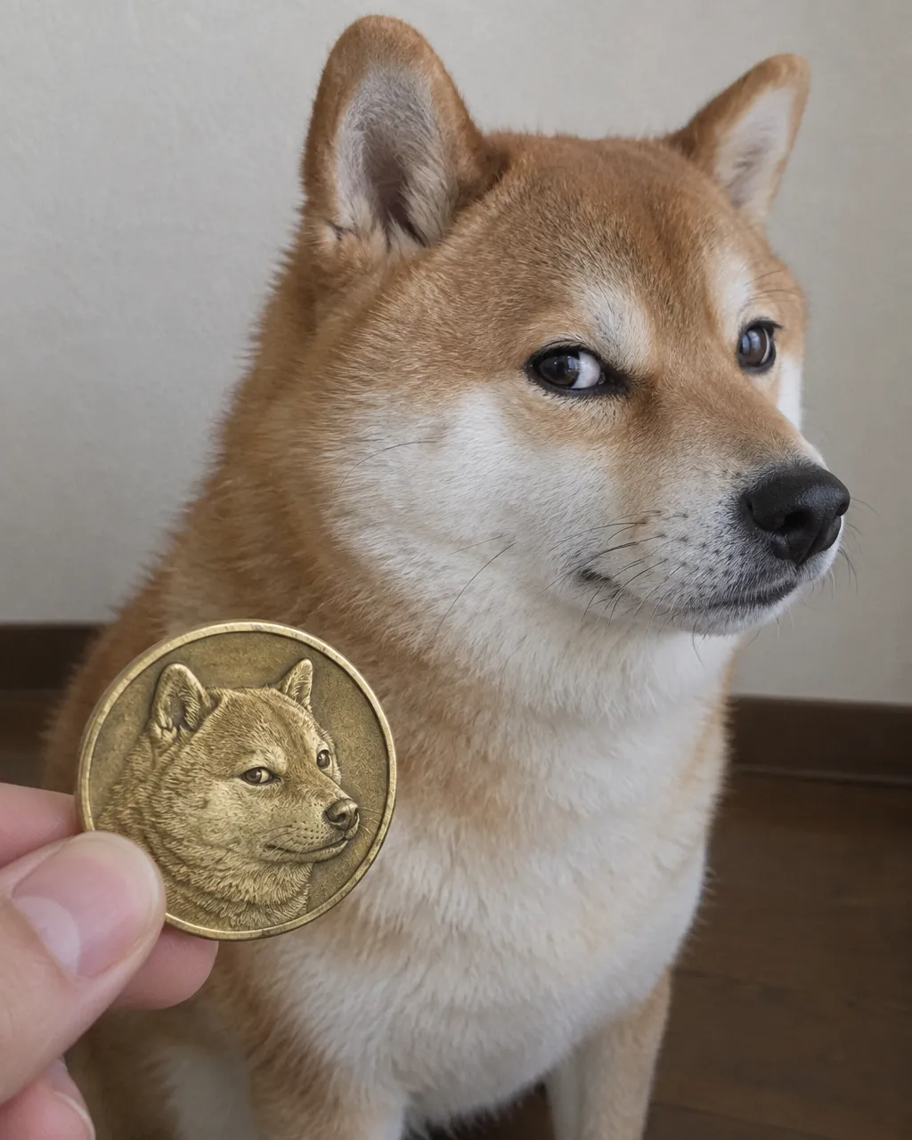 Primer plano de una shiba inu de cara redonda que mira de reojo a la cámara en el interior de una casa
