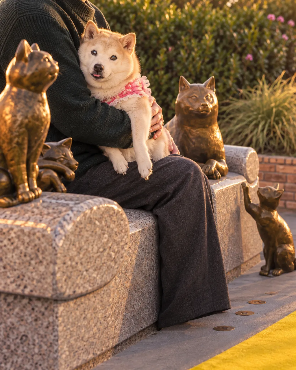Una shiba inu sentada sobre un banco de granito junto a una escultura de bronce de una perra con las patas cruzadas