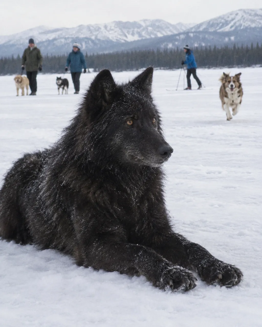 Un lobo grande en primer plano, fotografiado a distancia con zoom bajo la luz gris de un día de invierno