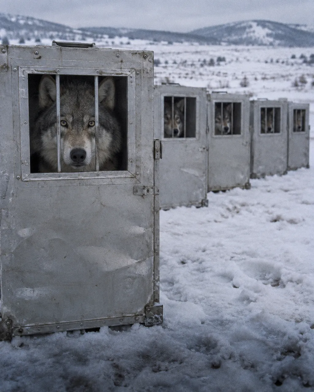 Caja de transporte de aluminio, abollada, sobre la nieve en el norte de Yellowstone, bajo la luz gris de un día de invierno