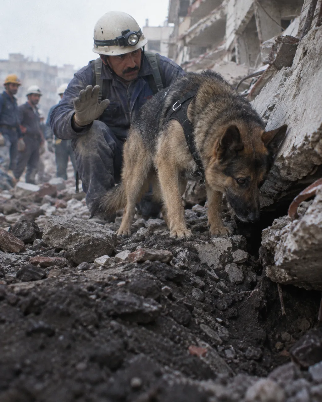 Más de tres días después del terremoto, un perro tenía una sola pista para hallar a una niña de 3 años: su manta 3 Un guía de perros de rescate de mediana edad frente a un edificio derrumbado tras un terremoto en una ciudad turca