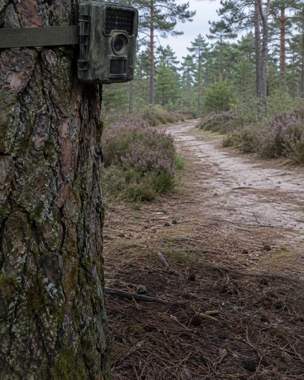 La primera loba de Flandes en más de un siglo esperaba crías. Después, las cámaras dejaron de verla 5 Cámara trampa de camuflaje atada con una correa al tronco de un pino, apuntando a un sendero arenoso vacío entre brezos