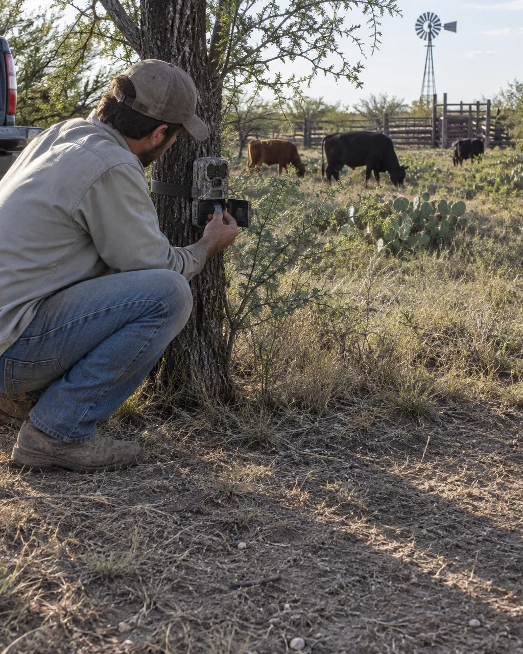 Quedan menos de cien ocelotes en Estados Unidos, y unos ganaderos de Texas guardaron una parte de ellos 3 Una persona agachada cambia la tarjeta de memoria de una cámara trampa camuflada, amarrada a un mezquite, mientras unas vacas pastan entre nopales; al fondo, un corral de madera y un molino de viento