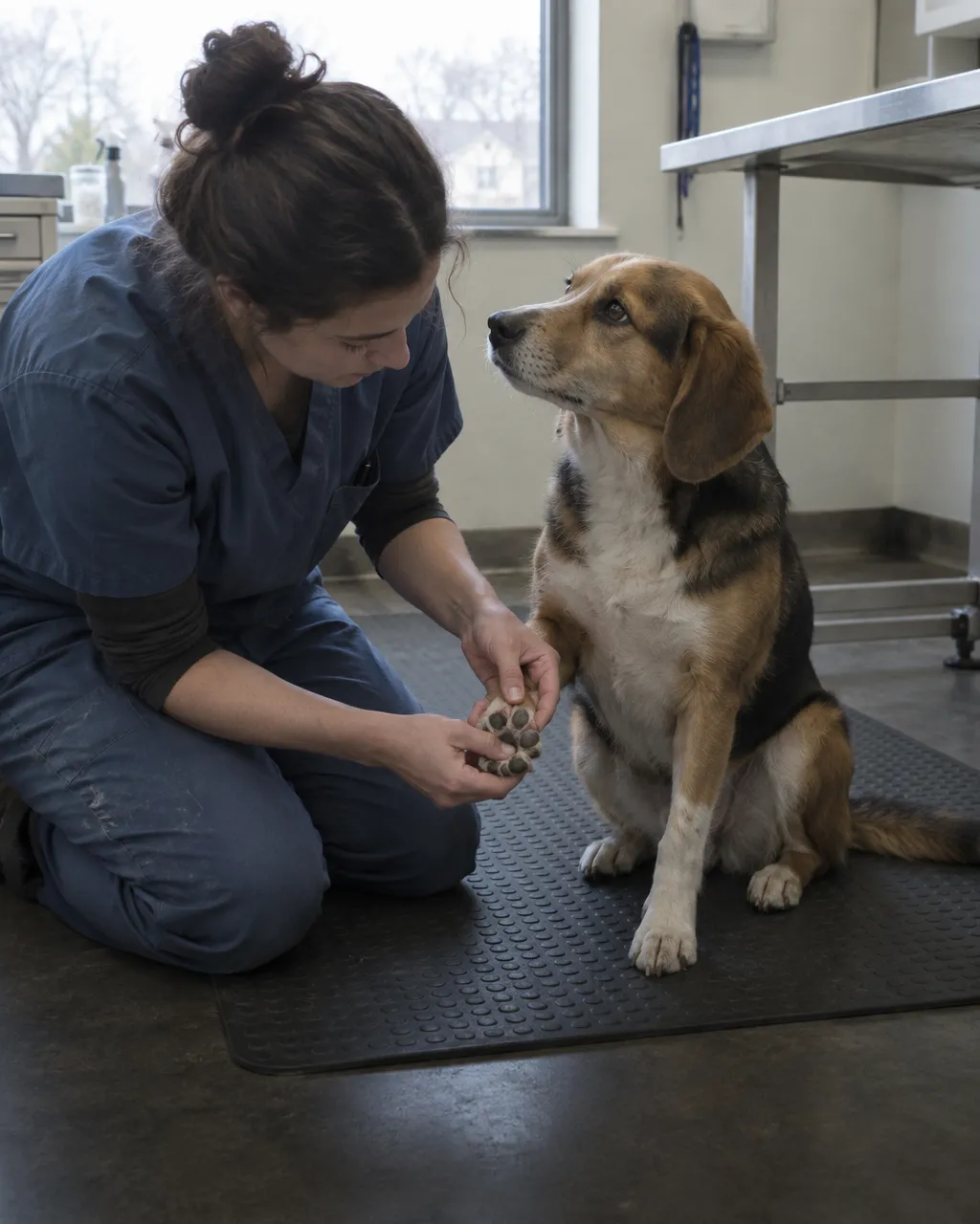 Las patas de tu perro huelen a nachos, y ese olor está vivo 3 Persona con uniforme clínico, arrodillada en el piso de una consulta veterinaria, separa los dedos de la pata delantera de un perro mediano que la observa sentado y tranquilo