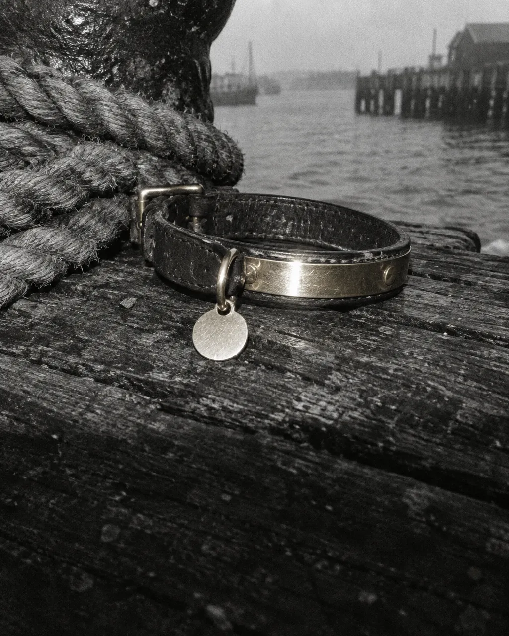 Patsy Ann, la perra sorda que sabía a qué muelle de Juneau llegaría cada barco 5 Primer plano de un collar de cuero con una banda metálica dorada y una placa redonda lisa colgando de la argolla, en blanco y negro