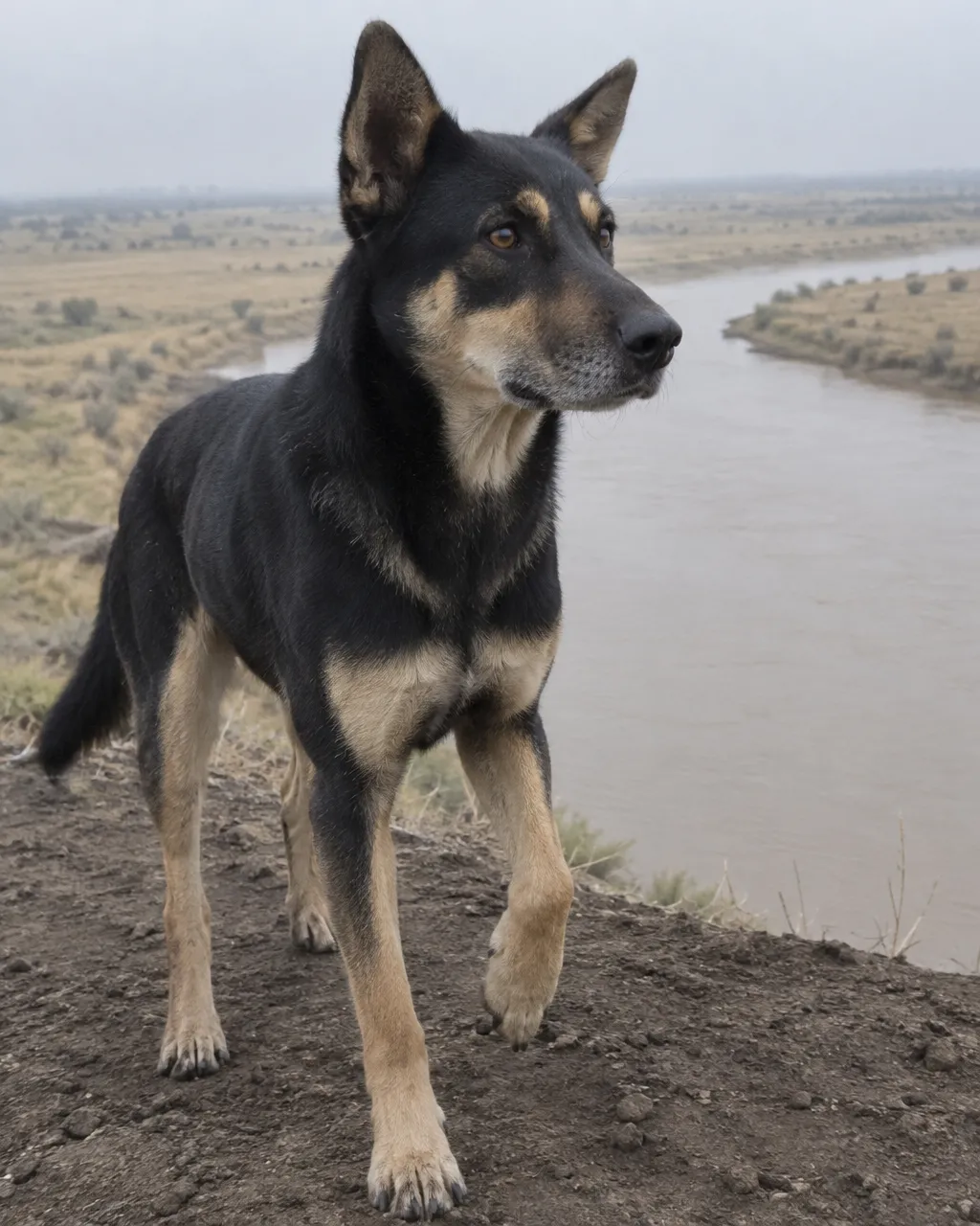 La ciudad que Alejandro Magno habría fundado con el nombre de su perro 3 Perro de pelo corto detenido a medio paso en el borde de una barranca de tierra, sobre un río ancho y turbio en una llanura abierta bajo un cielo nublado