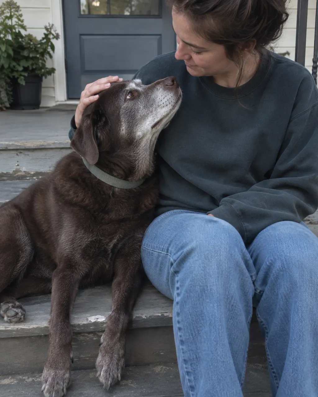 La ciudad que Alejandro Magno habría fundado con el nombre de su perro 5 Persona sentada en los escalones gastados de la entrada de una casa, con un perro anciano de hocico gris apoyado contra su costado, en la luz suave de la tarde