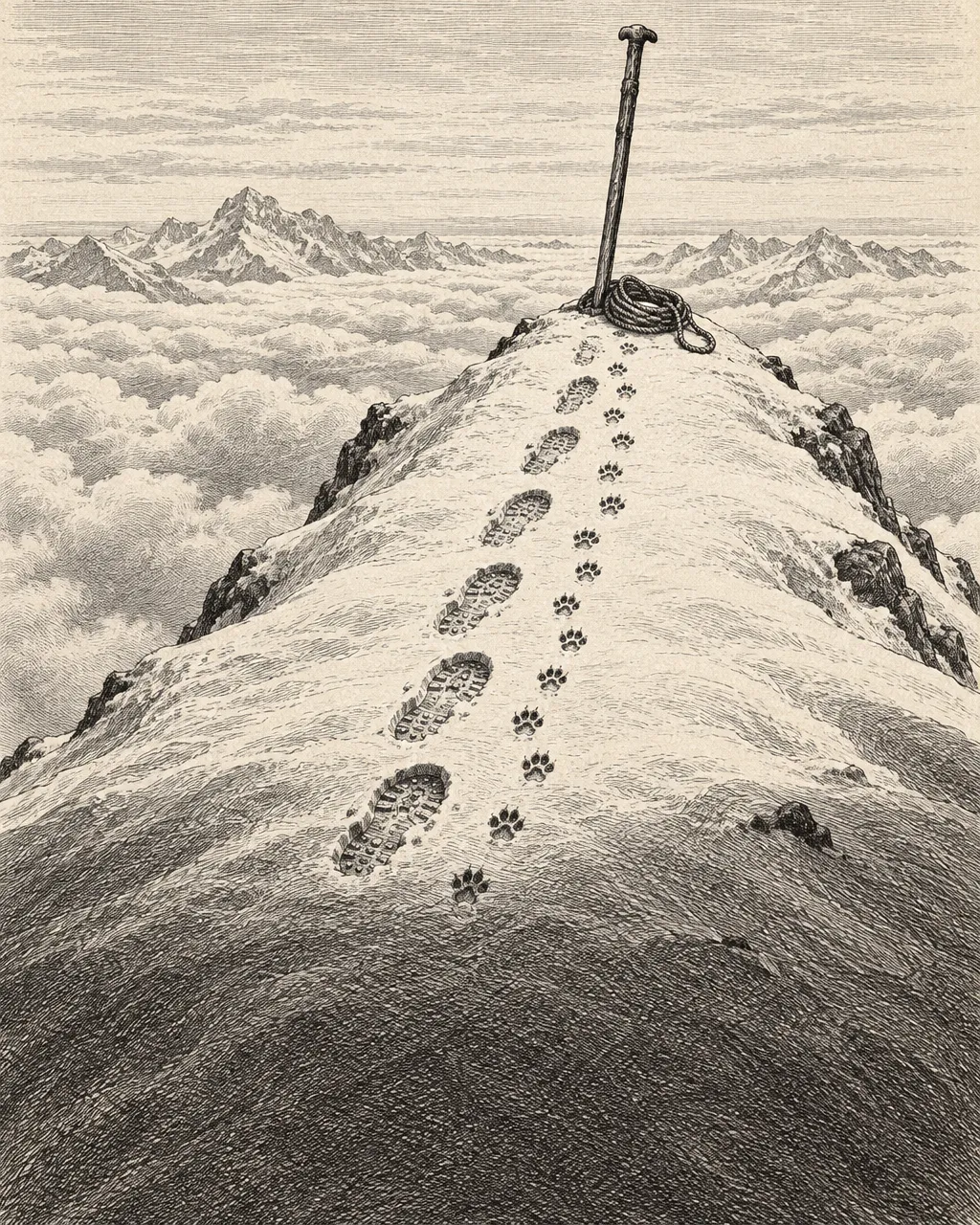 Un siglo antes que cualquier mujer, una perra entró al Club Alpino de Londres 4 Grabado en tinta de una arista nevada en lo alto de los Alpes, con un mar de nubes abajo; en la nieve, una hilera de huellas de botas claveteadas avanza junto a una hilera de pequeñas huellas de perro.