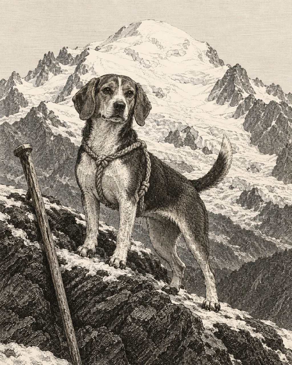 Un siglo antes que cualquier mujer, una perra entró al Club Alpino de Londres 5 Grabado en tinta de un pequeño sabueso mestizo, parecido a un beagle, de pelo corto y orejas caídas, dibujado en primer plano sobre un paisaje de los Alpes.