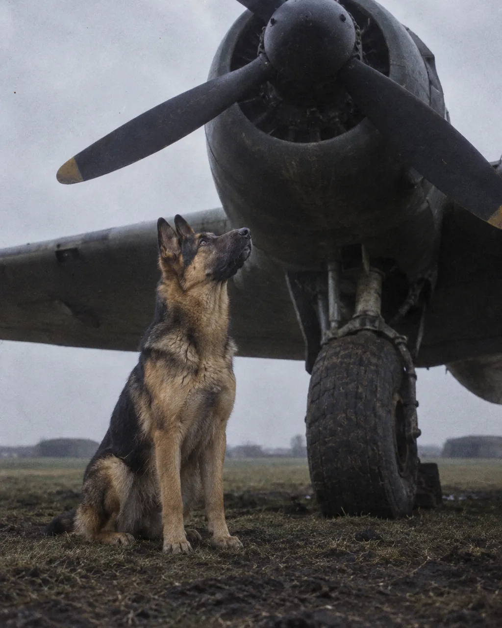 Antis, el perro que se coló en los bombarderos de la RAF y años después tuvo que cruzar el telón de acero 4 Un pastor alemán adulto sentado en el pasto de un aeródromo inglés bajo un cielo gris, con las orejas erguidas y la cabeza alzada hacia un bombardero de la Segunda Guerra Mundial