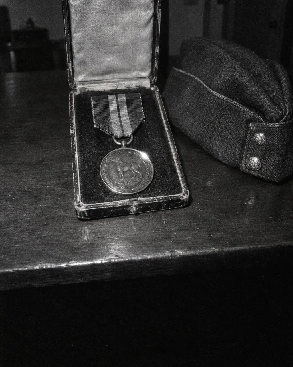 Antis, el perro que se coló en los bombarderos de la RAF y años después tuvo que cruzar el telón de acero 5 Fotografía en blanco y negro con grano de prensa antigua: una medalla redonda colgada de una cinta a rayas dentro de un estuche abierto, junto a una gorra de aviador de la RAF sobre una mesa de madera