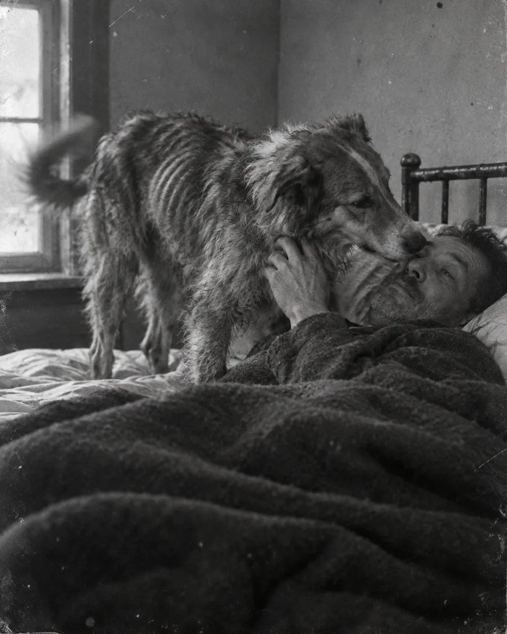 Lo perdieron en Indiana y seis meses después apareció solo en Oregón: la travesía del perro Bobbie 5 Fotografía en blanco y negro de un perro mestizo de collie, muy flaco, de pie sobre una cama deshecha en un dormitorio sencillo