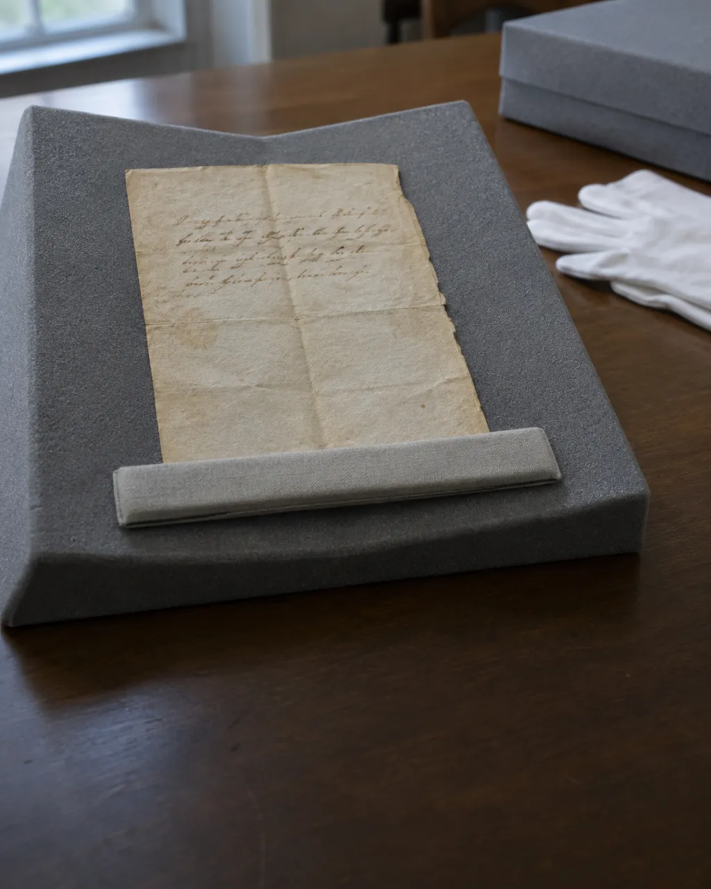 Hoja pequeña de papel antiguo, amarillenta y con pliegues, con unas pocas líneas de tinta café desvaída, sobre un atril de espuma gris en una mesa de madera