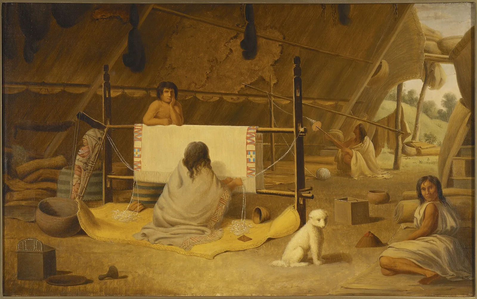 Los perros que no cuidaban el rebaño, sino que eran el rebaño: lo que contó un pelaje de 1859 2 Óleo de 1856 en el que una mujer Coast Salish teje una manta en un telar, con un pequeño perro lanudo cerca de ella.