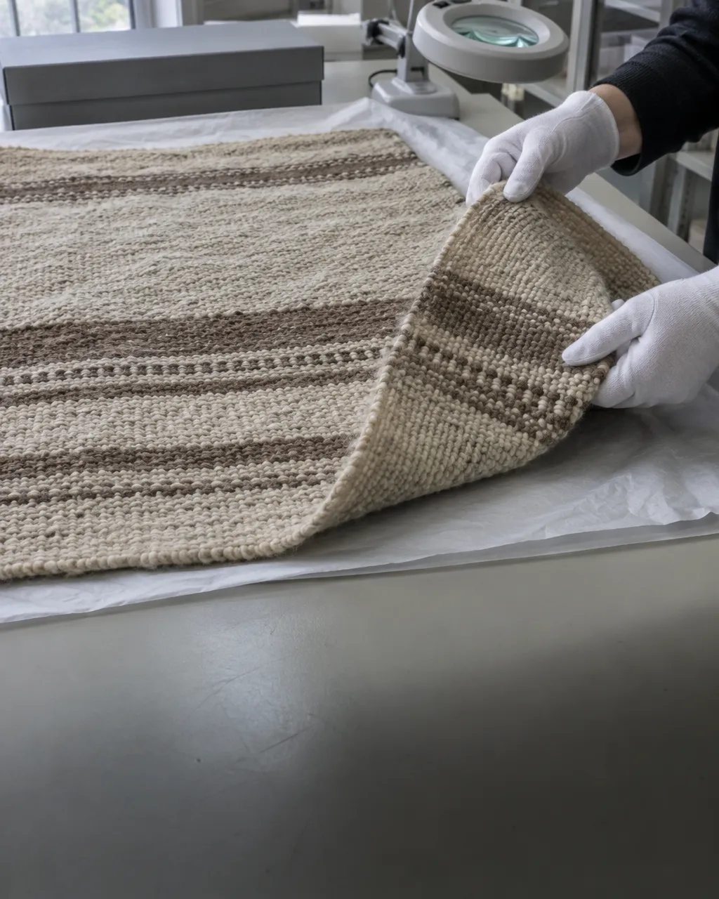 Los perros que no cuidaban el rebaño, sino que eran el rebaño: lo que contó un pelaje de 1859 3 Manta tejida a mano con lana blanca sin teñir, extendida sobre papel de archivo en la mesa de un depósito de museo.