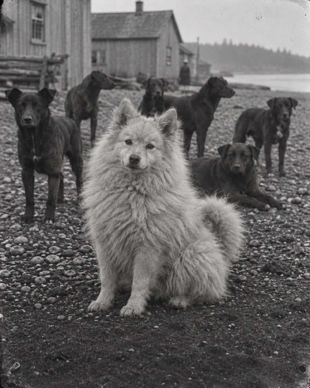 Los perros que no cuidaban el rebaño, sino que eran el rebaño: lo que contó un pelaje de 1859 4 Imagen en blanco y negro de aspecto antiguo: un perro de pelo largo y lanudo sentado en una playa de guijarros, frente a casas de tablones de cedro.