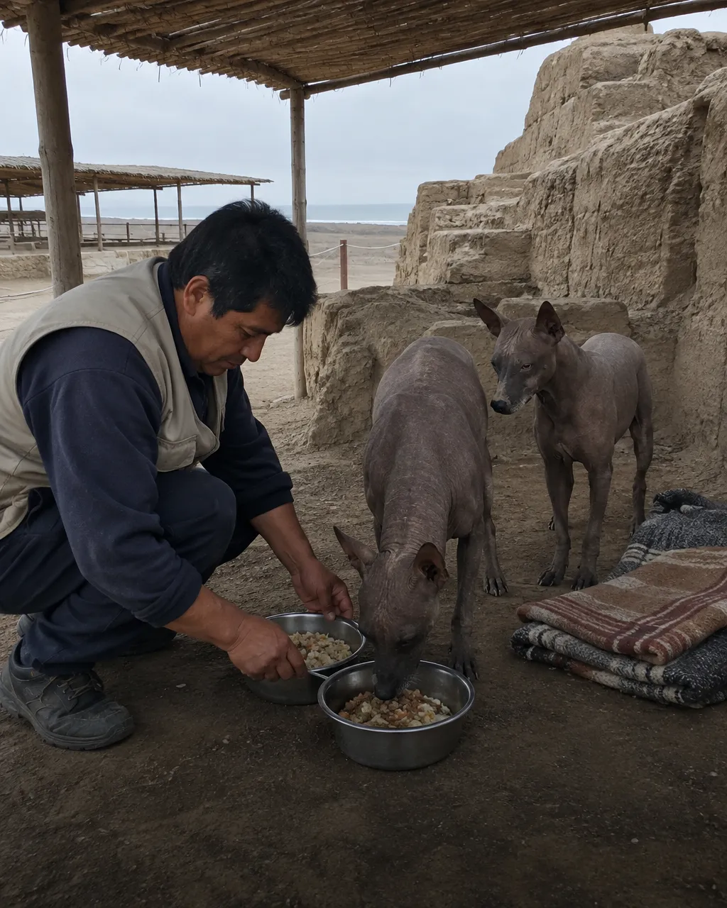 Cuidador agachado junto a un muro de adobe llena dos platos metálicos de comida mientras dos perros sin pelo esperan a la sombra de un techo de esteras