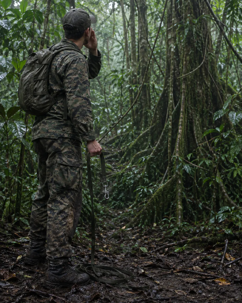 Cuatro niños sobrevivieron 40 días en la selva colombiana y el perro que los buscaba nunca volvió 5 Soldado de espaldas con uniforme de camuflaje frente a la selva, con una correa de rastreo vacía en una mano y la otra junto a la boca, como si llamara