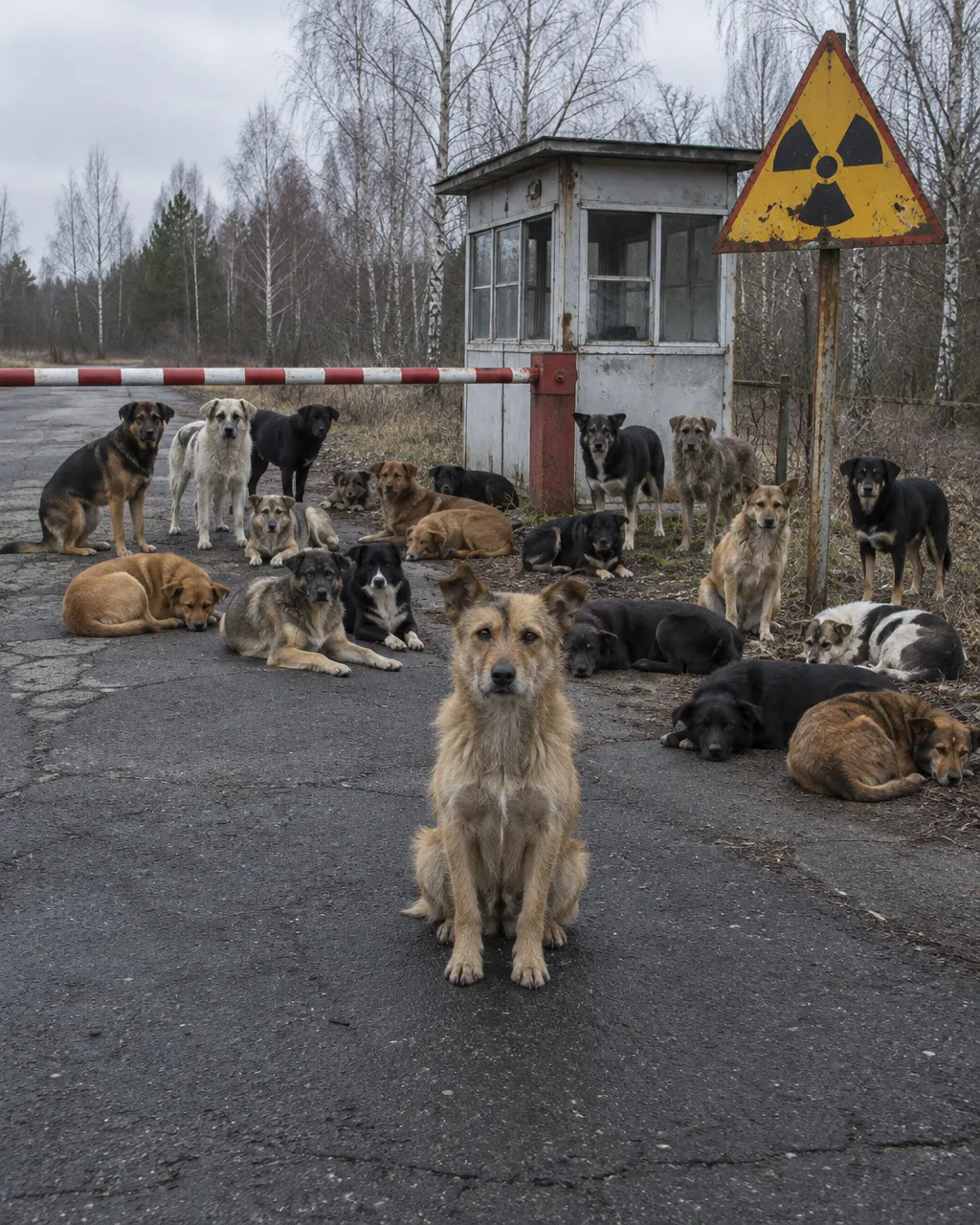 Una jauría de unos veinte perros mestizos de distintos tamaños y pelajes, marrones, negros, grises y manchados, sobre el asfalto agrietado de un puesto de control en la zona de exclusión de Chernóbil