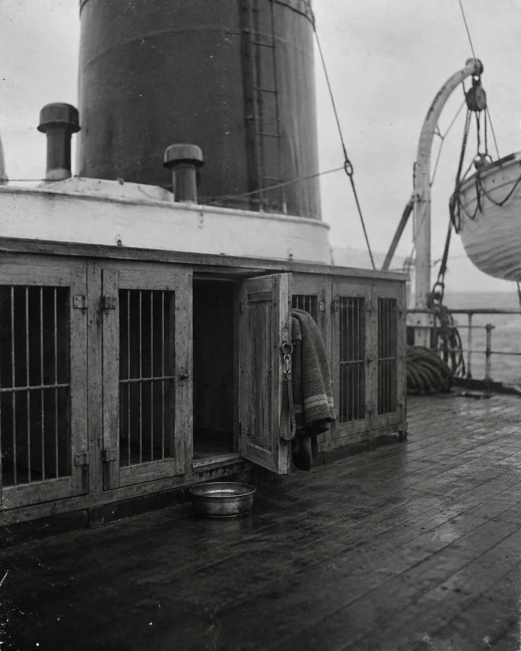El Titanic tenía una exposición canina para el día en que se hundió: solo tres perros sobrevivieron 4 Ilustración en blanco y negro de una hilera de perreras de madera con puertas de barrotes al pie de una gran chimenea de barco, con una puerta abierta, una correa y una manta doblada colgando del pestillo y un tazón de agua sobre la cubierta