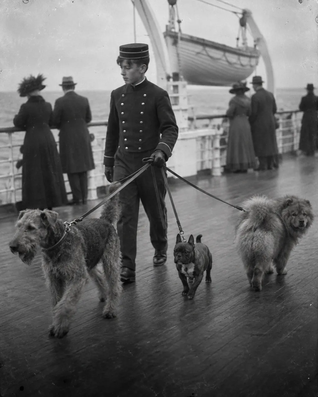 El Titanic tenía una exposición canina para el día en que se hundió: solo tres perros sobrevivieron 5 Ilustración en blanco y negro de un joven botones con uniforme y gorra que pasea a tres perros de razas distintas por la cubierta de un transatlántico por la mañana