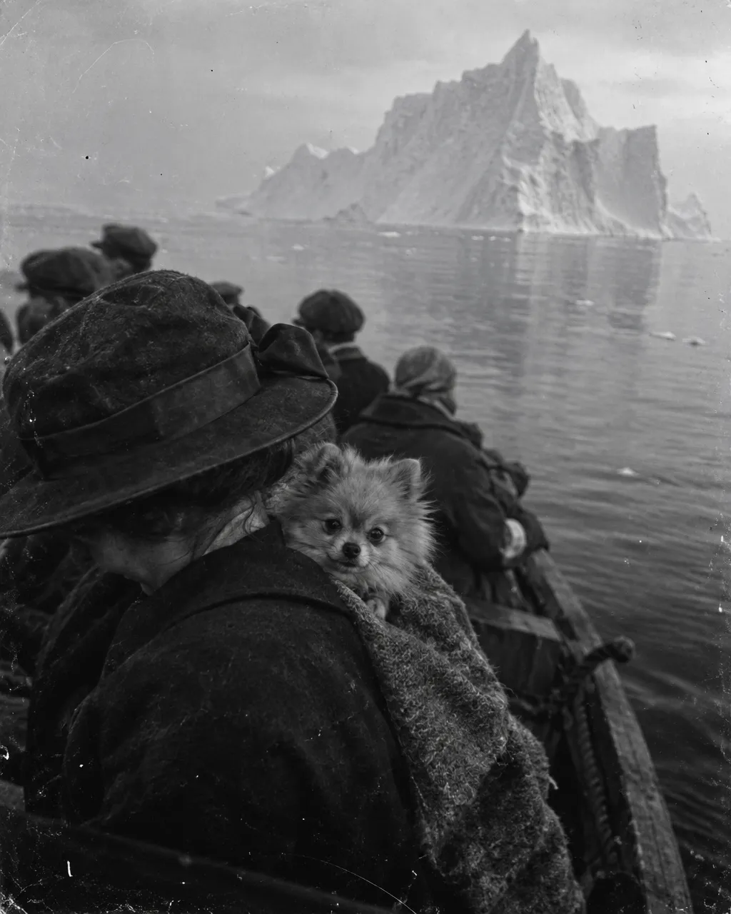 El Titanic tenía una exposición canina para el día en que se hundió: solo tres perros sobrevivieron 6 Ilustración en blanco y negro de un pomerania pequeño y alerta, con las orejas paradas, en primer plano dentro de un bote salvavidas lleno de gente, visto desde la borda de un barco sobre un mar en calma