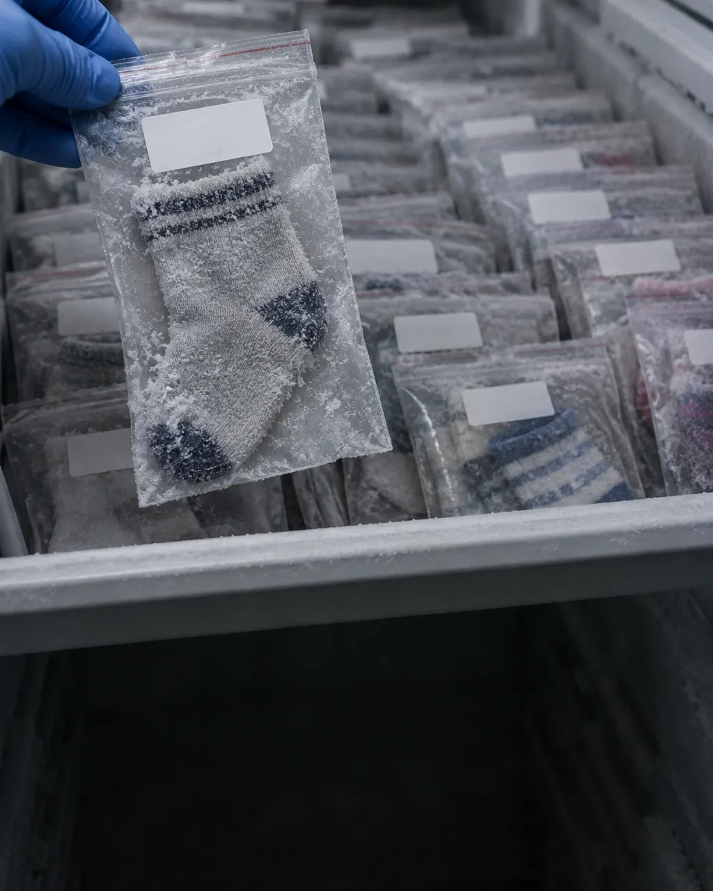 Dos perras aprendieron a oler la malaria en calcetines que niños de Gambia usaron una sola noche 4 Cajón abierto de un congelador de laboratorio con calcetines infantiles sellados uno por uno en bolsas de plástico transparente y cubiertos de escarcha