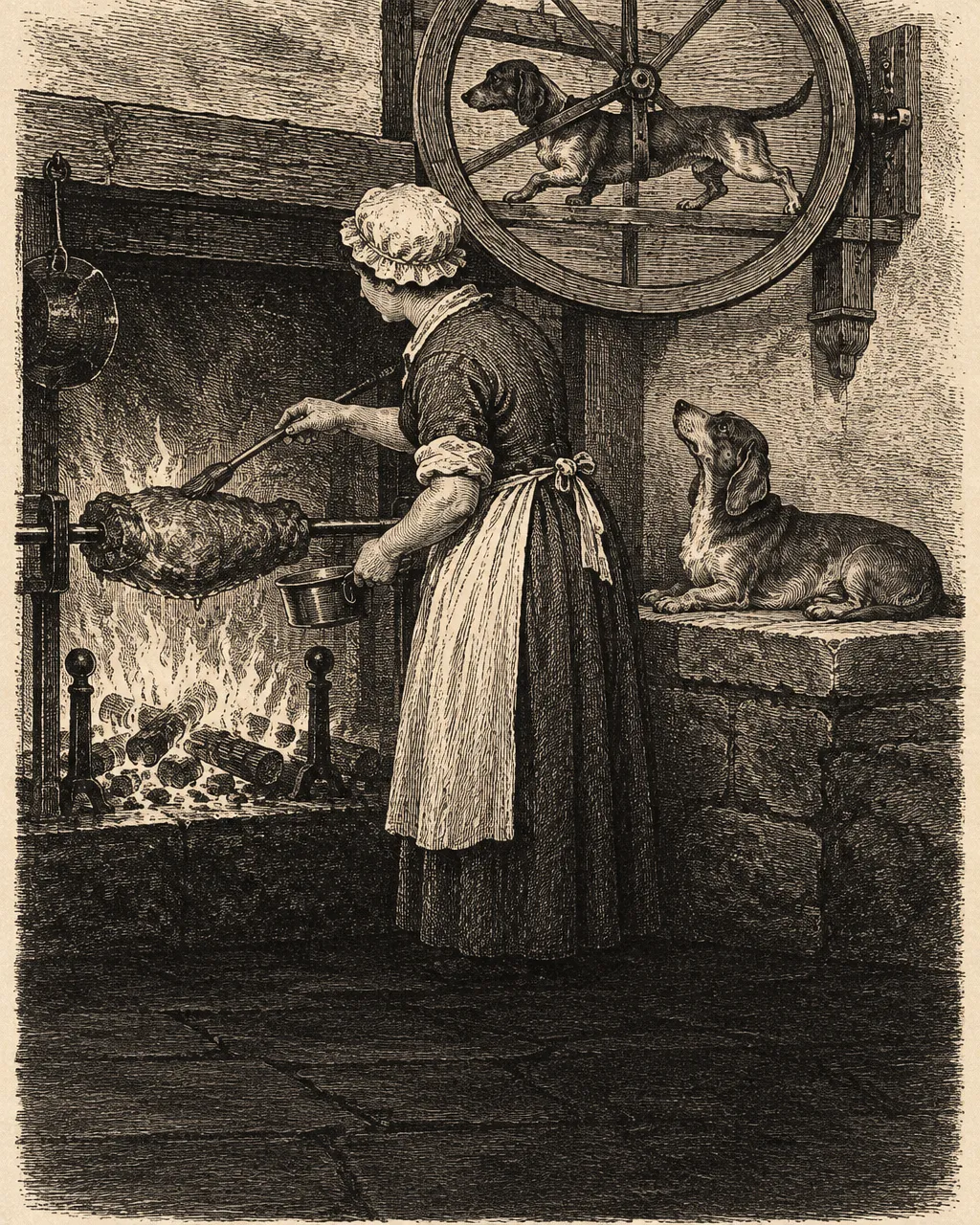 Los perros que hacían girar la cena: casi 300 años corriendo sin avanzar un metro 3 Grabado de estilo antiguo de una cocinera con delantal, cofia y mangas arremangadas