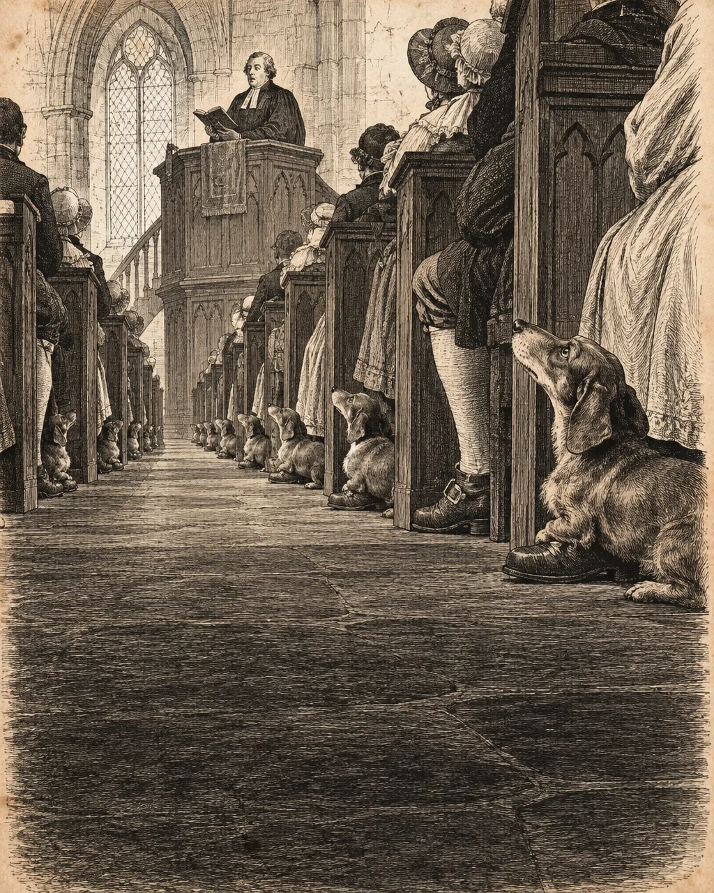 Los perros que hacían girar la cena: casi 300 años corriendo sin avanzar un metro 4 Grabado de estilo antiguo de un oficio dominical dentro de una sencilla iglesia de piedra