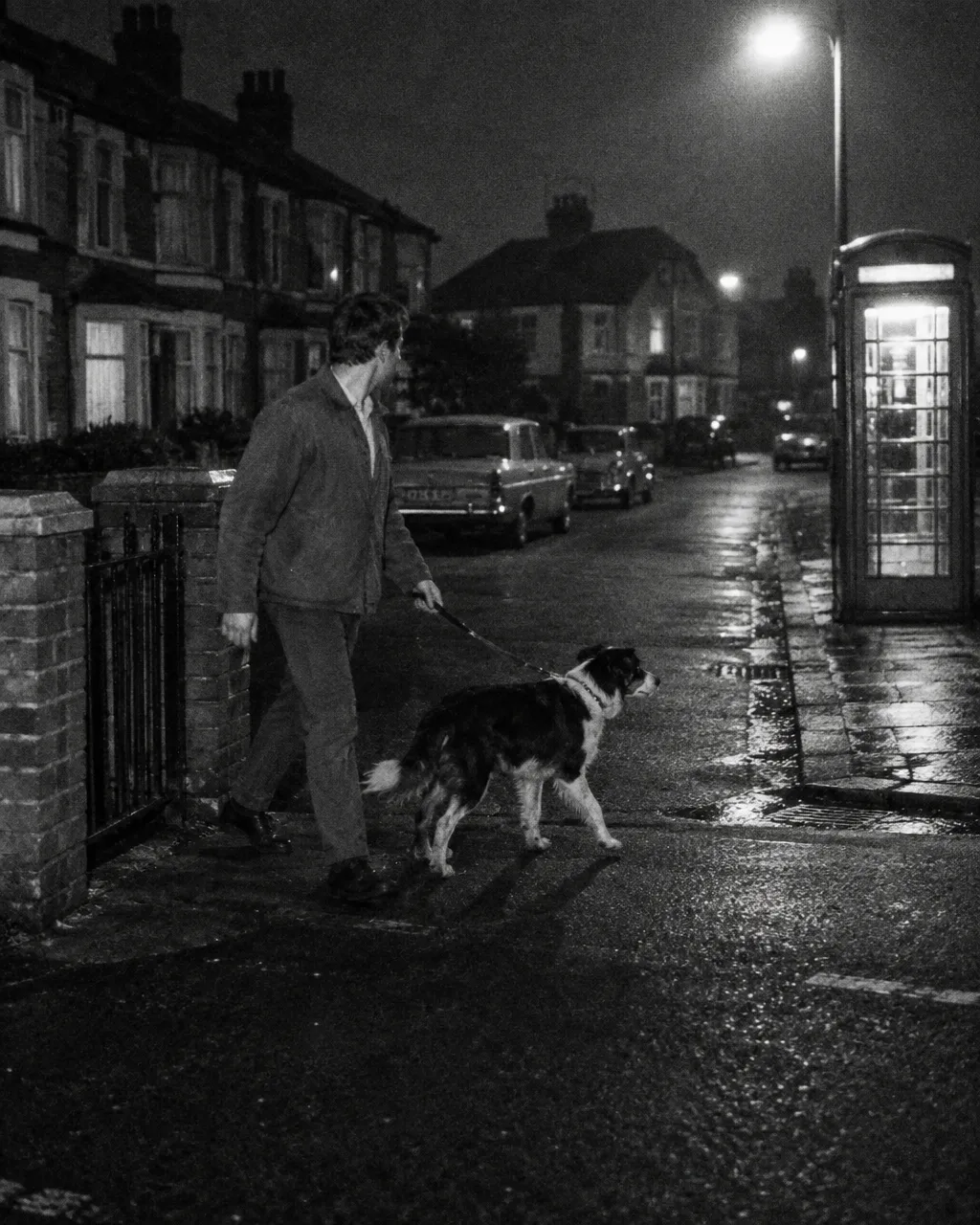 Robaron la Copa del Mundo en 1966 y no la encontró Scotland Yard, sino un perro 3 Hombre joven con chaqueta de trabajo sale de noche por la reja de su casa con un perro mestizo de collie, blanco y negro, atado con correa corta, rumbo a una cabina telefónica iluminada por un farol.