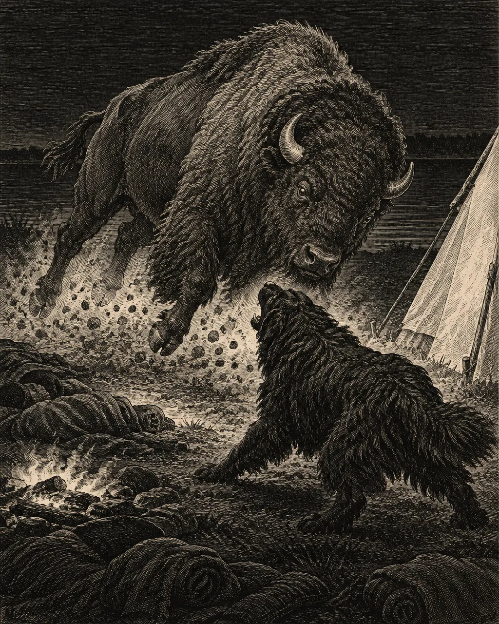 Seaman, el perro de Lewis y Clark: perdió su nombre durante décadas y su final solo lo cuenta una nota de 1814 4 Grabado en blanco y negro de un enorme bisonte con una gran joroba que cruza al galope un campamento nocturno a orillas de un río