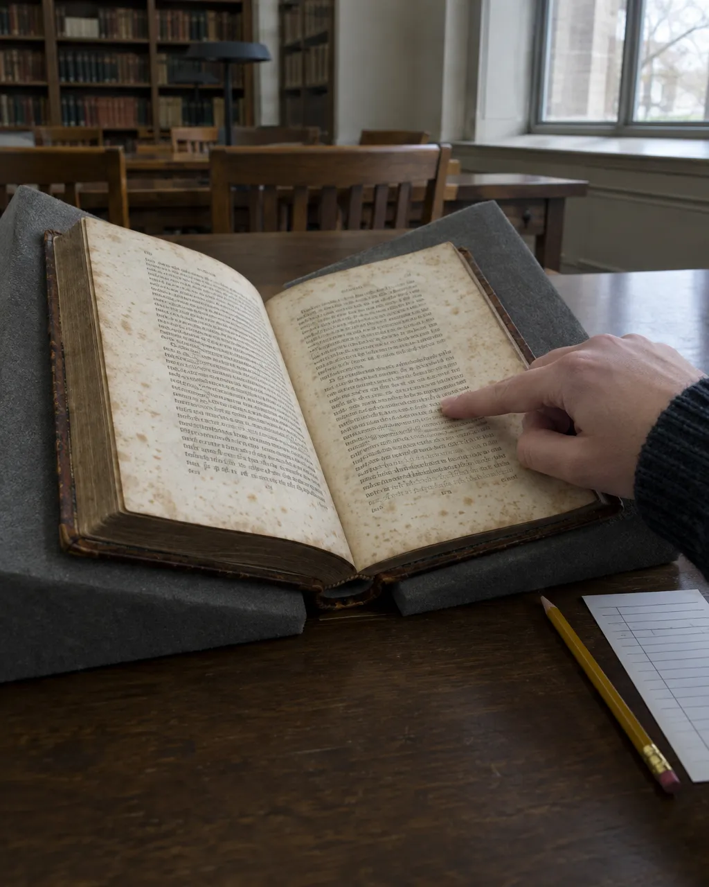 Seaman, el perro de Lewis y Clark: perdió su nombre durante décadas y su final solo lo cuenta una nota de 1814 5 Libro antiguo encuadernado en cuero, abierto sobre un atril de espuma gris en una sala de lectura, con un dedo apoyado en la página, un lápiz y una papeleta de pedido al lado