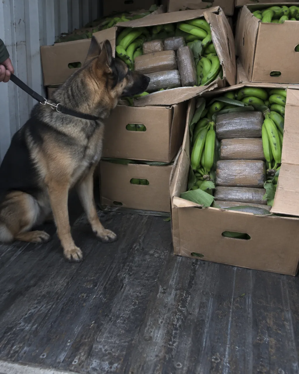 Sombra, la perra antinarcóticos a la que el mayor cartel de Colombia le puso precio 2 Contenedor refrigerado abierto en un puerto bananero, con cajas de cartón abiertas y racimos de banano verde apartados que dejan ver paquetes compactos.
