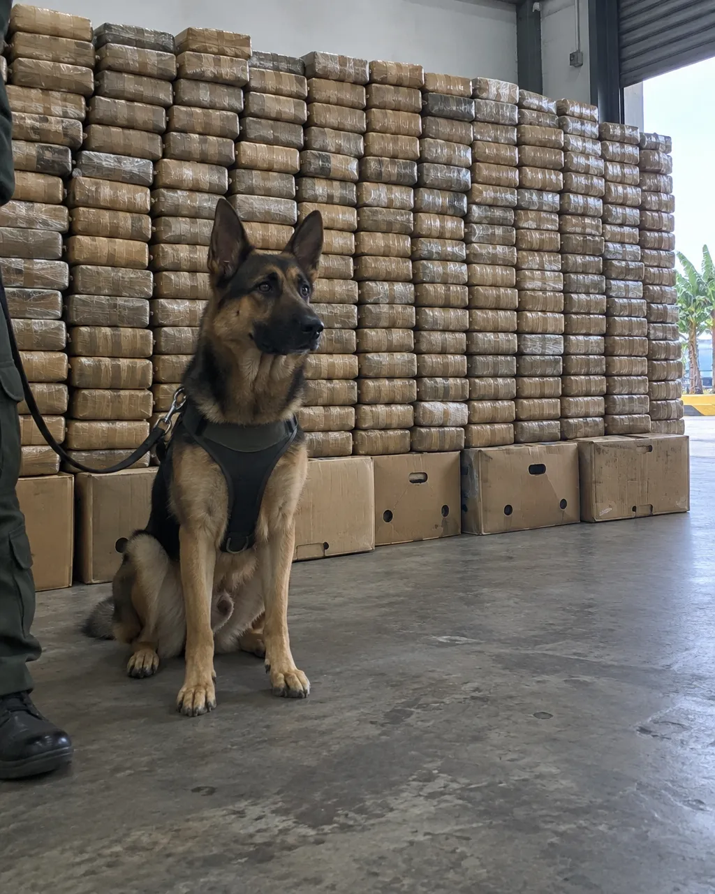 Sombra, la perra antinarcóticos a la que el mayor cartel de Colombia le puso precio 3 Un perro detector frente a un muro de paquetes de cocaína incautados, apilados en una bodega policial de un puerto bananero.