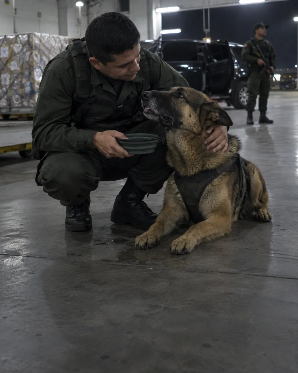 Sombra, la perra antinarcóticos a la que el mayor cartel de Colombia le puso precio 4 Un guía antinarcóticos con uniforme oscuro, agachado junto a un pastor alemán detector al final de un turno nocturno.