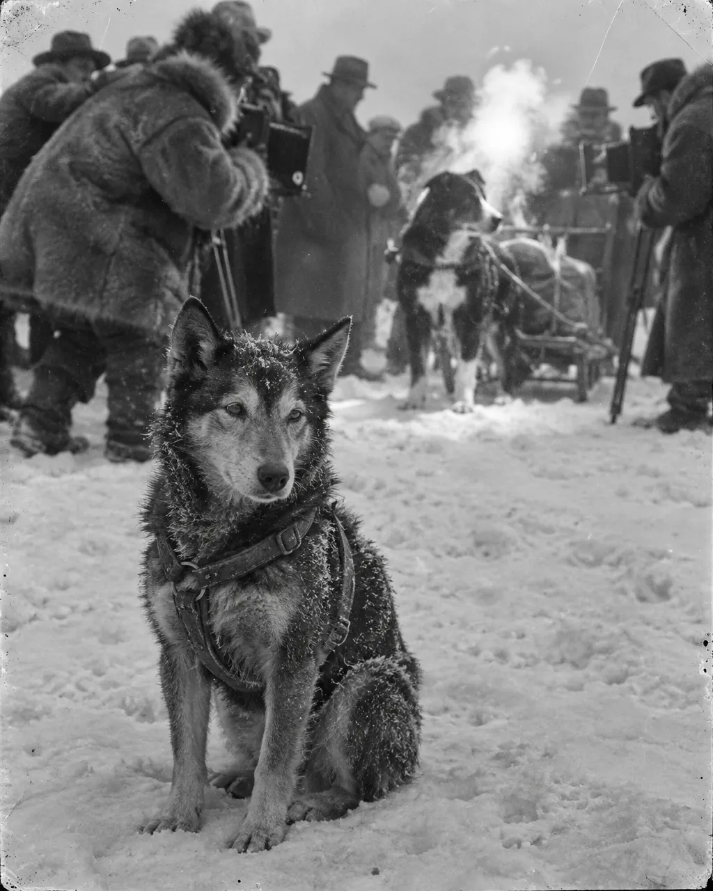 Un perro de 12 años corrió 420 km contra una epidemia en Alaska, y la estatua fue para otro 5 Un perro de trineo flaco y de hocico canoso sentado solo en la nieve en primer plano, en la sombra, mientras al fondo un grupo de fotógrafos con flash rodea a otro perro de trineo grande y negro