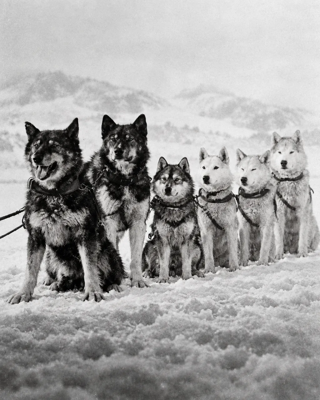 Un perro de 12 años corrió 420 km contra una epidemia en Alaska, y la estatua fue para otro 6 Seis perros de trineo sanos con arnés de cuero oscuro, en fila sobre nieve compacta en una llanura abierta con colinas nevadas y brumosas al fondo
