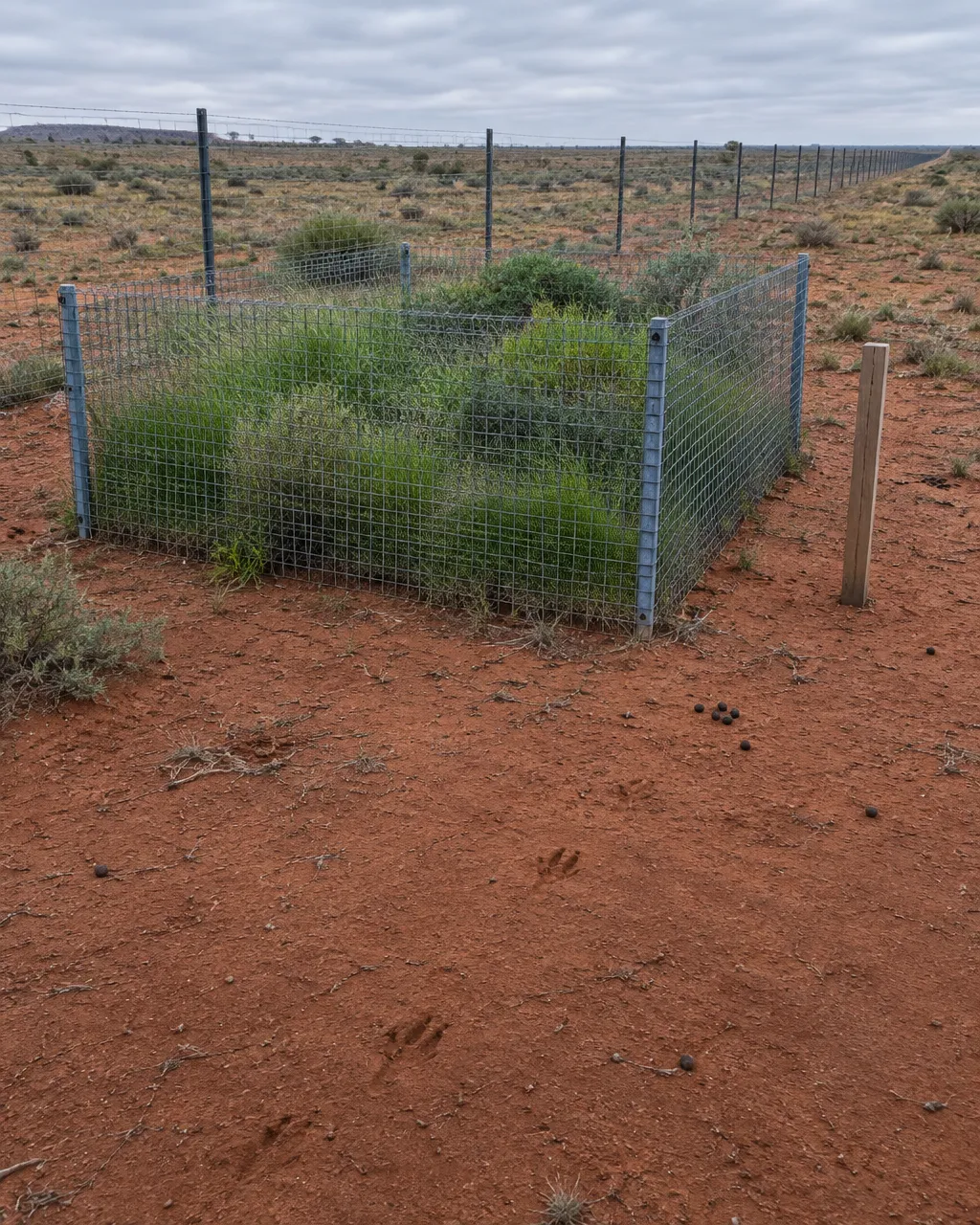 La valla dingo: 3.245 canguros avistados de un lado de la cerca y solo 8 del otro 5 Pequeña parcela cercada con malla de alambre sobre suelo rojo del desierto: dentro crecen pasto verde y arbustos bajos; fuera, el suelo está pelado y tiene huellas y excrementos de canguro