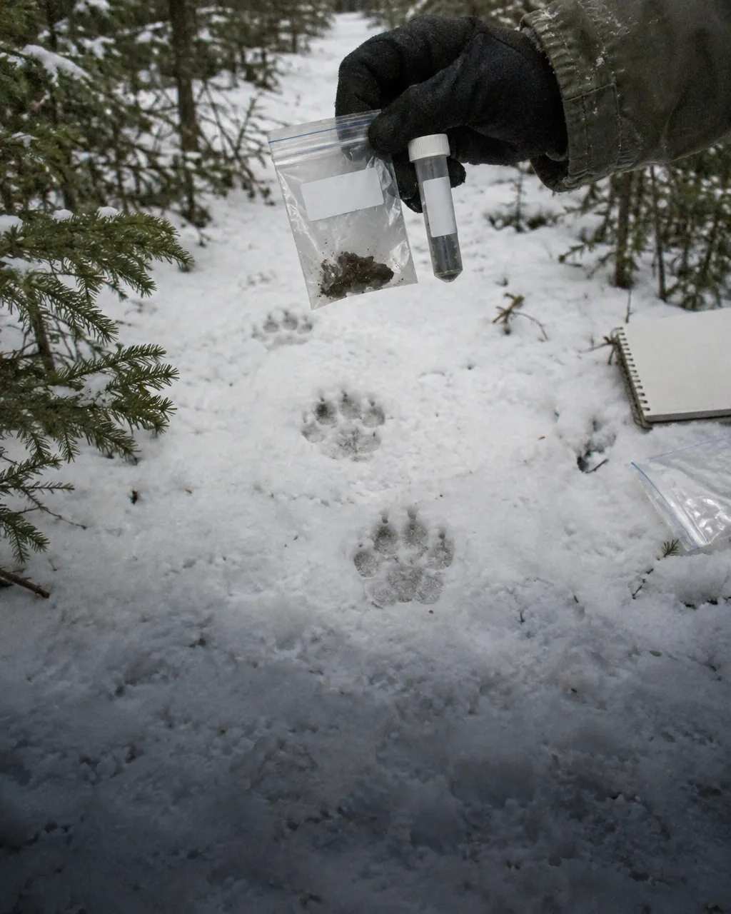 El Viejo Gris, el lobo forastero que cambió la sangre de una isla de parientes 4 Mano con guante de un investigador que recoge una muestra de excremento de lobo