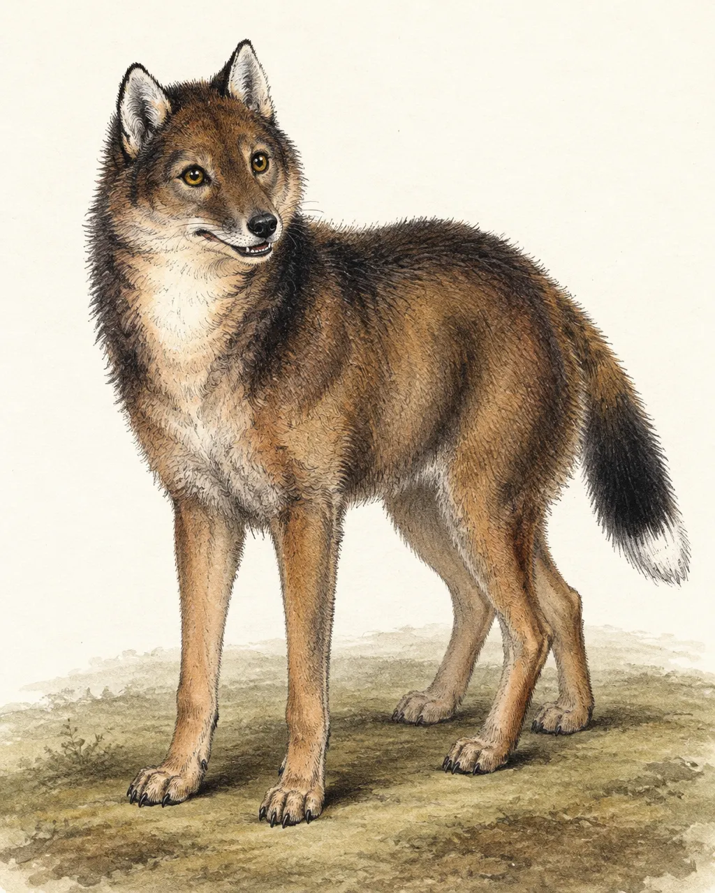 El zorro de las Malvinas no huía de los humanos, y Darwin escribió una profecía sobre él 5 Litografía coloreada a mano al estilo del siglo XIX: un warrah adulto de pie, de perfil hacia la izquierda, con la cabeza girada sobre el hombro y la boca entreabierta